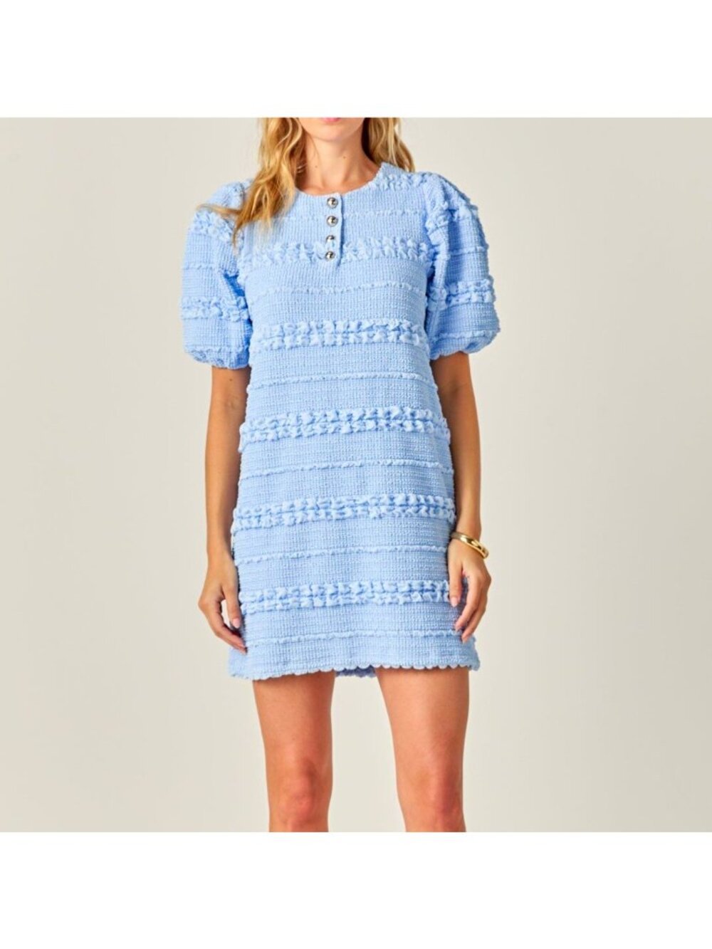 English Factory XS Blue Tweed Textured Mini Shift Dress Puff Sleeve Button $130 - Picture 1 of 8